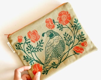 California Quail + Poppies - Coral + Dark Green - Handmade Zippered Pouch