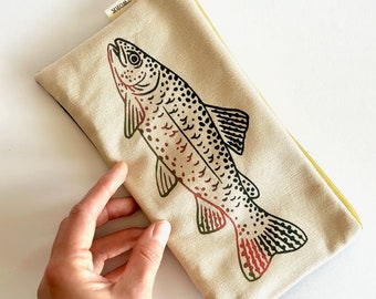 Rainbow Trout - Tri-color Screen Print - Natural - Handmade Pouch with Original Fabric