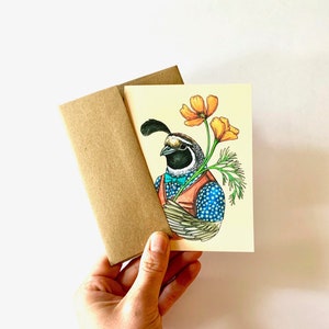 California Quail + Poppy - Blank Notecard