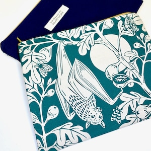 Fruit Bat + Figs - Forest on Natural Canvas - Screen printed - Handmade Zippered Pouch