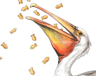 Pelican + Goldfish - Snack Attack - Archival Print