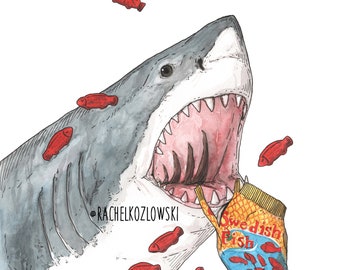 Great White Shark + Gummy Fish - Snack Attack - Archival Print