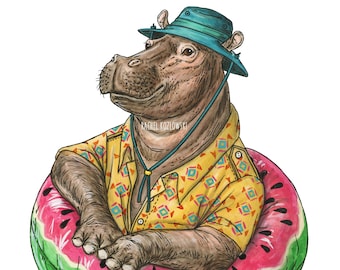 Hippo - Watermelon Floatie - Pool Party - Archival Print
