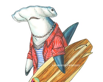 May include: A cartoon hammerhead shark wearing a red and white Hawaiian shirt, blue and white striped shirt, and a pearl necklace, holding a wooden surfboard with a tropical flower and "Surf or Die" sticker.