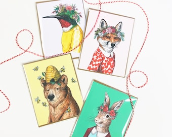 Notecard 4 Pack - Pollinator Party - Rabbit, Hummingbird, Fox, and Bear