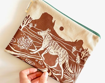 Coyote Desert Landscape - Rust + Natural Canvas - Screen printed - Handmade Zippered Pouch