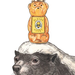 May include: A honey badger with a honey bear bottle on its head. The bottle is labeled "Clover Honey" and has a bee illustration on the label.