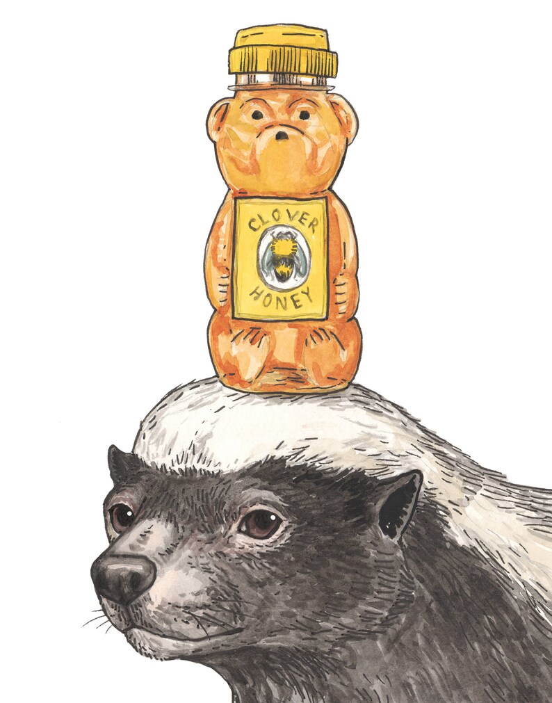 May include: A honey badger with a honey bear bottle on its head. The bottle is labeled "Clover Honey" and has a bee illustration on the label.