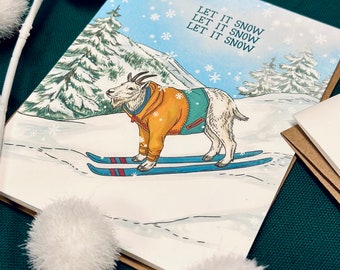 Mountain Goat - Skiing - Let it Snow - Holiday - Blank Notecard