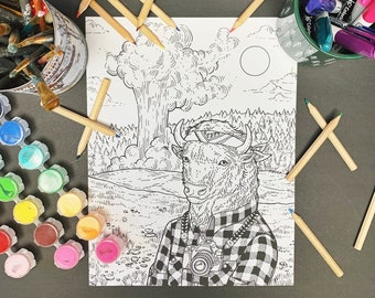 Yellowstone National Park - Bison - Coloring Book Page - Printable Download