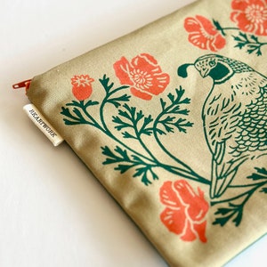 California Quail Poppies Coral Dark Green Handmade Zippered Pouch image 2