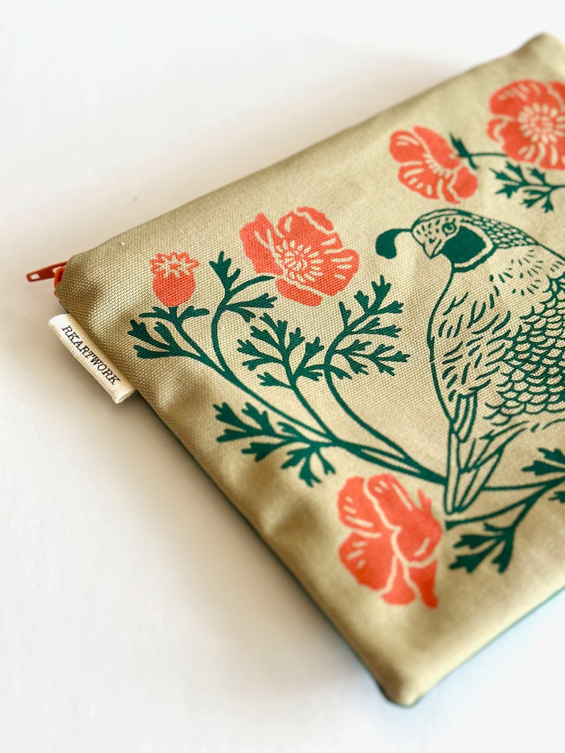 California Quail Poppies Coral Dark Green Handmade Zippered Pouch image 2