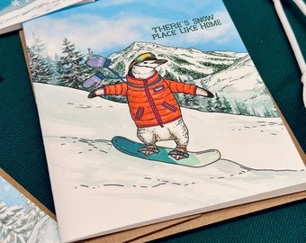 Penguin - Snow Boarding - There's Snow Place Like Home - Holiday - Blank Notecard