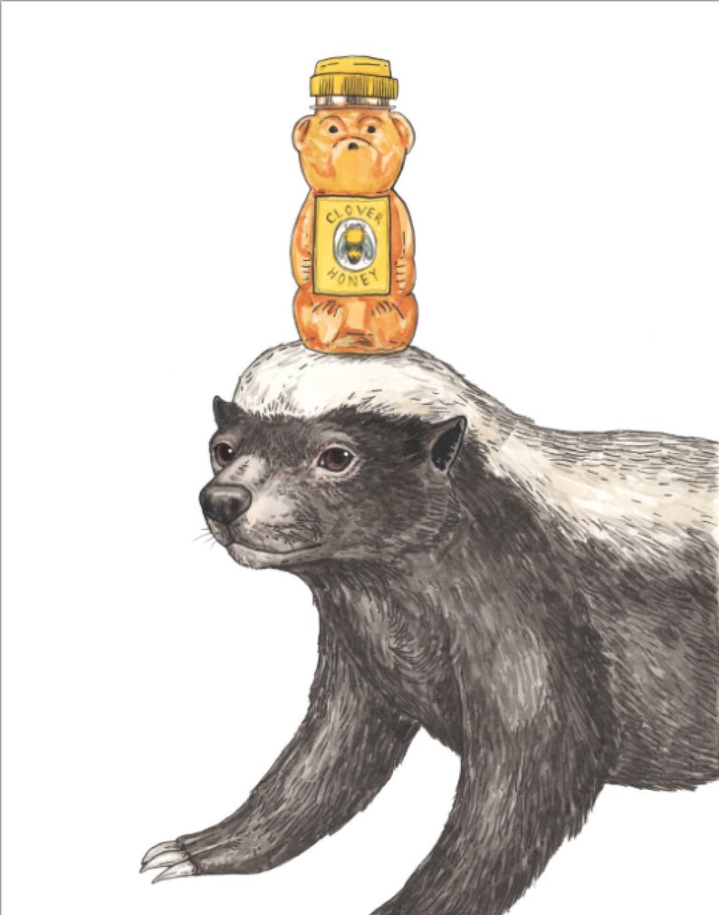May include: A honey badger with a yellow bear-shaped honey bottle on its head. The bottle has a yellow lid and a label that says "Clover Honey".