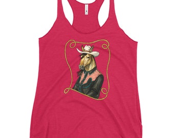 May include: A pink tank top with a graphic of a horse wearing a cowboy hat and a plaid shirt. The horse is surrounded by a rope design.