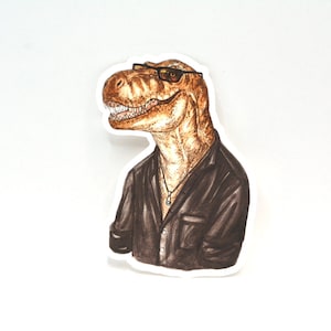 May include: A watercolor illustration of a dinosaur wearing sunglasses and a brown button-down shirt. The dinosaur is smiling and has a necklace on.