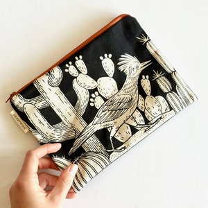 Roadrunner Cacti Black on Natural Canvas Screen printed Handmade Zippered Pouch image 1