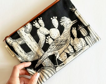 Roadrunner + Cacti - Black on Natural Canvas - Screen printed - Handmade Zippered Pouch