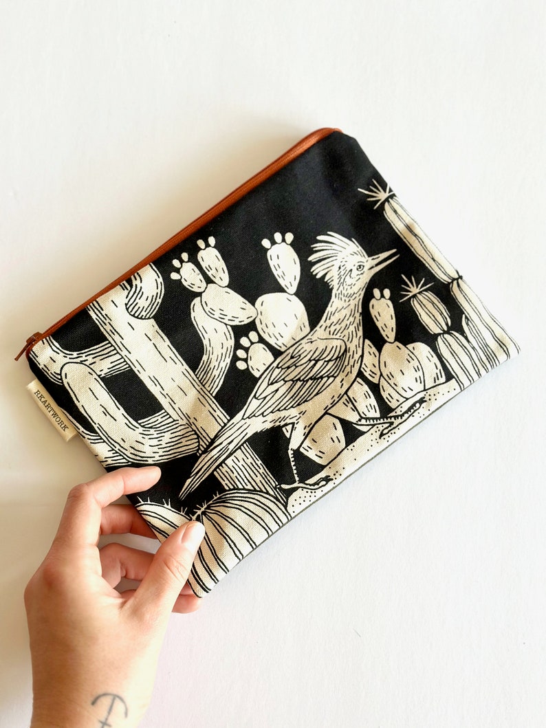 Roadrunner Cacti Black on Natural Canvas Screen printed Handmade Zippered Pouch image 1
