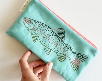 Rainbow Trout - Tri-color Screen Print - Aqua -Handmade Pouch with Original Fabric