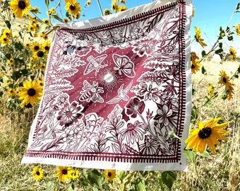 Blooming Bandana - Burgundy - Wildflower + Pollinators - 100% Cotton