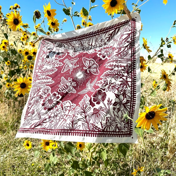 Blooming Bandana - Burgundy - Wildflower + Pollinators - 100% Cotton