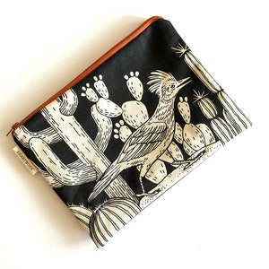 Roadrunner Cacti Black on Natural Canvas Screen printed Handmade Zippered Pouch image 3