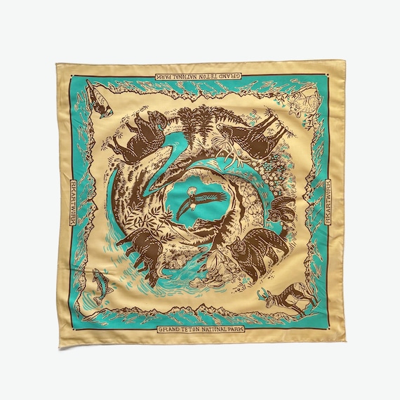 Grand Teton National Park - Bandana - Khaki + Turquoise - 100% Cotton
