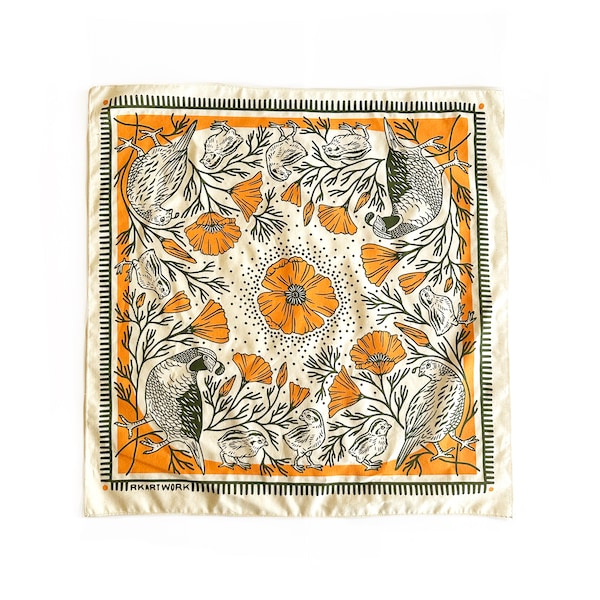 California Quail + Poppies - 100% Cotton Bandana