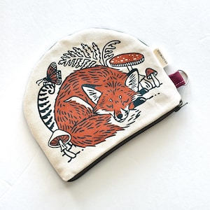 Fox + Mushrooms - Natural Canvas - 2 color Screenprint - Handmade Pouch with Original Fabric