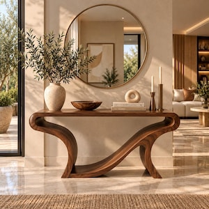 Pode incluir: Uma mesa consola de madeira escura com um design de base curva e contínua. A superfície da mesa contém um vaso de cerâmica salpicada com ramos verdes, uma tigela de madeira, dois livros empilhados intitulados The Kinfolk e At Home, e dois castiçais de latão.