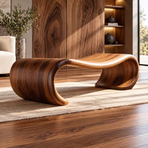Op de afbeelding: Een lage bank gemaakt van donkerbruin hout met een doorlopende, vloeiende S-vormige curve. Het meubelstuk heeft een glad, gepolijst oppervlak dat de natuurlijke houtnerfpatronen benadrukt en een naadloze, sculpturale vorm creëert.