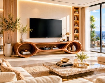 Mueble para TV de nogal macizo, consola multimedia escultural, mueble de madera moderno hecho a mano.