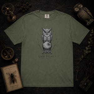 May include: An olive green short-sleeve t-shirt featuring a detailed black and white graphic of an owl perched on a sphere. The design includes celestial symbols and the text "KNOW THYSELF" printed in a clean, centered font below the illustration.