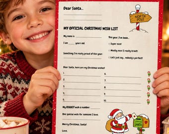 Może przedstawiać: Szablon świątecznej listy życzeń do druku z tekstem Dear Santa, My Official Christmas Wish List oraz miejscem na dane osobowe. Projekt zawiera znak bieguna północnego, laski cukrowe oraz ilustrację Świętego Mikołaja.