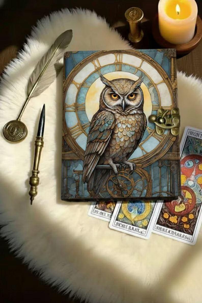 Owl vintage leather journal • wiccan decor, spell book of shadows grimoire journal, journal for