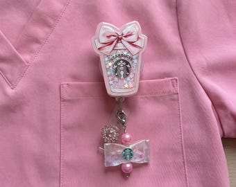 Pink Starbucks Inspired Badge Reel with Bow and Glitter ID Holder