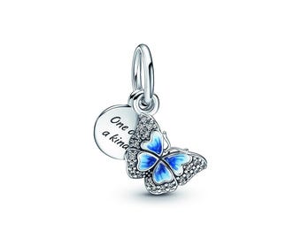 Ciondolo doppio pendente a forma di farfalla blu e citazione, in argento sterling S925, compatibile con bracciali europei, regalo di Natale per donna.