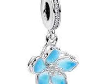 Ciondolo a forma di fiore blu in argento sterling S925, compatibile con bracciali europei, ciondolo floreale, regalo per donna