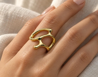 Gold Plated Sterling Silver Abstract Open Ring | Modern Sculptural Statement Ring | Adjustable Contemporary Jewelry