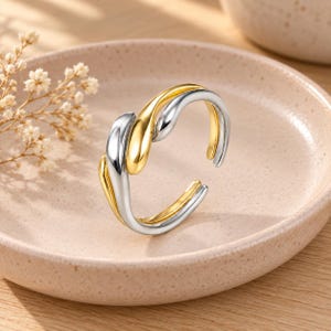 Könnte beinhalten: Ein offener Ring mit zweifarbigem Design aus glatten, polierten silber- und goldfarbenen Metallbändern, die sich in einer fließenden, organischen Form ineinander verschlingen. Der Ring hat eine Öffnung an der Oberseite zur Größenanpassung.