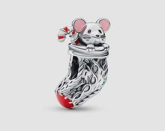 Ciondolo a forma di topo e calza di Natale in argento sterling S925 per bracciali europei / Regalo di Natale per donna