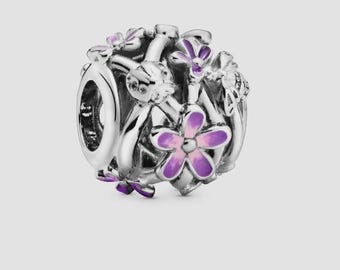 Charm a margherita viola traforato in argento sterling S925, compatibile con braccialetti Pandora, perlina floreale a forma di margherita per braccialetti europei, regalo per donna