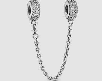 Ciondolo scintillante a catena di sicurezza con pavé in argento sterling S925, compatibile con braccialetti Pandora, perlina di sicurezza per braccialetti europei, regalo per donna