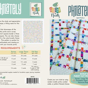 Puede incluir: Una hoja de instrucciones para el patrón de edredón Philately de Stitch + Novelty con un diseño de cuadrícula de cuadrados estampados coloridos sobre un fondo claro. El documento incluye requisitos de tela en yardas para varios tamaños.