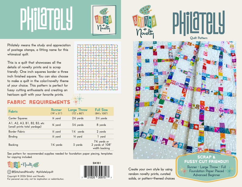 Pu&ograve; includere: Un foglio di istruzioni per il modello di trapunta Philately di Stitch + Novelty con un design a griglia di quadrati stampati colorati su sfondo chiaro. Il documento include i requisiti del tessuto in iarde per diverse dimensioni.