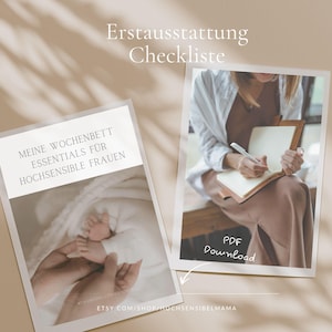 Könnte beinhalten: Zwei rechteckige Karten mit dem Text Erstausstattung Checkliste, Meine Wochenbett Essentials für hochsensible Frauen und PDF Download. Eine Karte zeigt Babyfüße in Händen, die andere eine Person, die in ein Notizbuch schreibt.