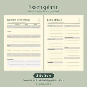 Könnte beinhalten: Ein druckbarer Essensplaner und Einkaufszettel auf cremefarbenem Hintergrund. Der Planer enthält Abschnitte für die Mahlzeiten der Woche und eine Einkaufsliste mit Kategorien wie Obst & Gemüse, Milchprodukte und Tiefkühlkost. Text auf Deutsch.