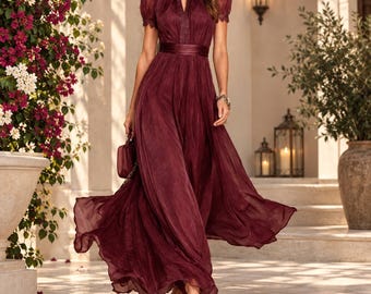 Women’s Maxi Dress, Elegant Long Dress, Puff Sleeve Dress, High Neck Dress, Flowy Evening Dress
