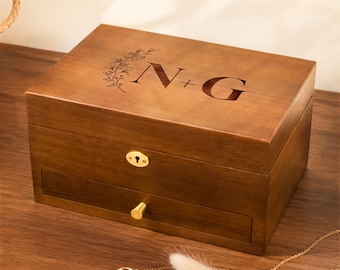 Wooden Jewelry Box with Mirror & Lock, Large Storage Organizer with Hidden Drawer, Custom Engraved Keepsake for Graduation Anniversary